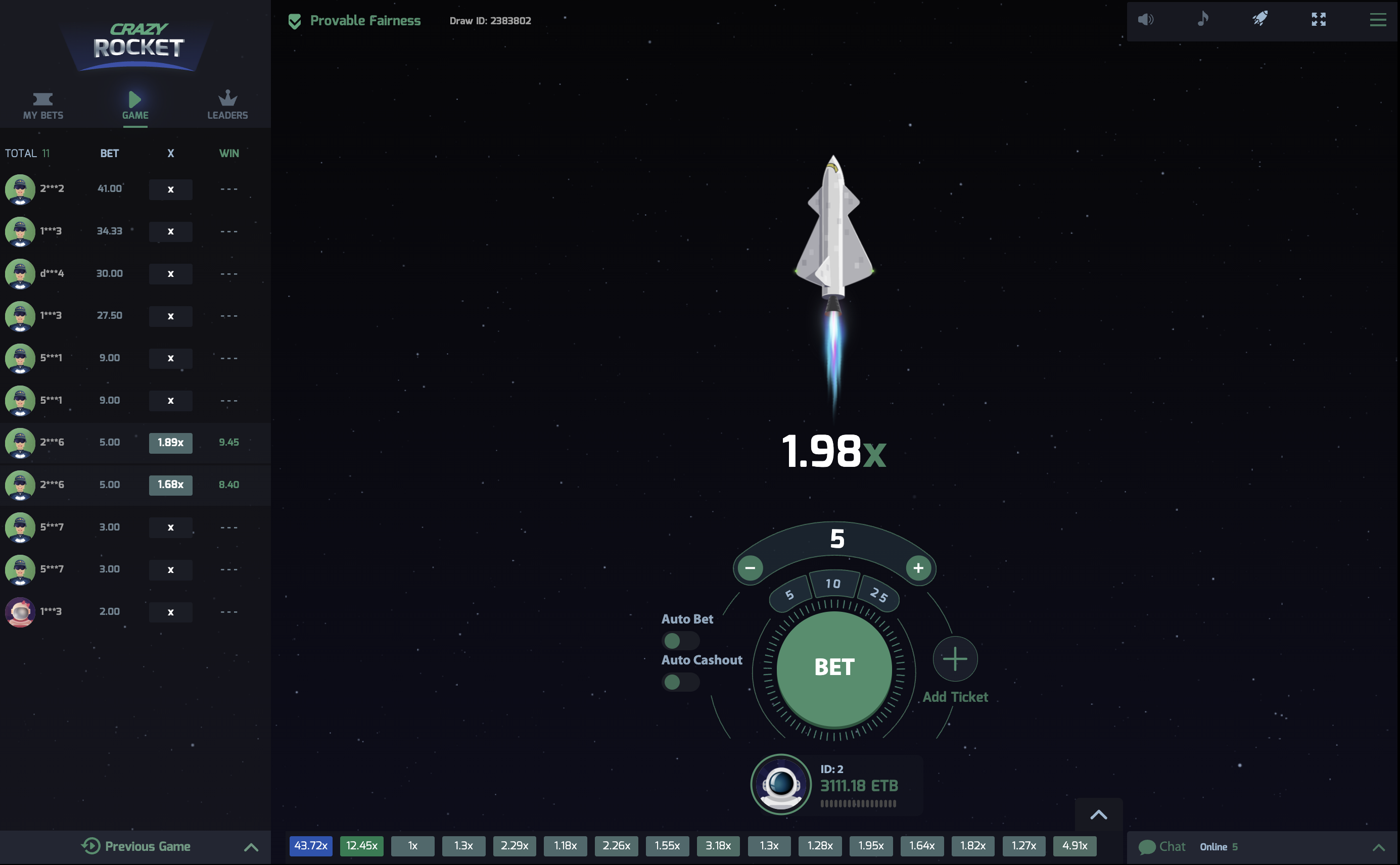 Crazy Rocket crash game interface showing live multiplier, betting panel, and player leaderboard